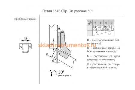 Угловая петля с доводчиком, с монтажной планкой JET 351 Clip-On D35мм 30 град. HR351B.110NI99