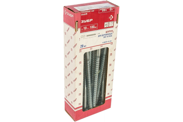 Оцинкованные шурупы для деревянных лаг и реек Зубр c шестигранной головкой, 10x180мм, ТФ3, 20 штук 4-300453-10-180