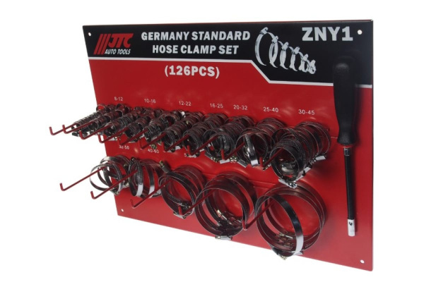 Набор червячных хомутов на стенде ZN8-ZN90 (125 шт.) с гибким воротком 7 мм JTC NEW JTC-ZNY1