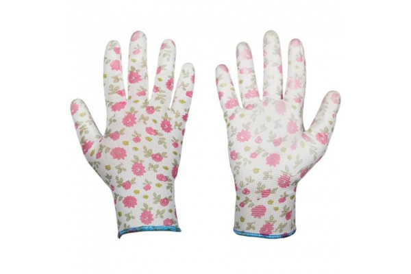 Садовые перчатки Grinda прозрачное PU покрытие, 13 класс вязки, бело-розовые, размер S 11291-S