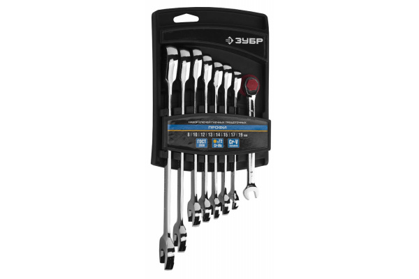 Набор комбинированных гаечных ключей трещоточных 8 шт Зубр 8 - 19 мм 27074-H8_z01