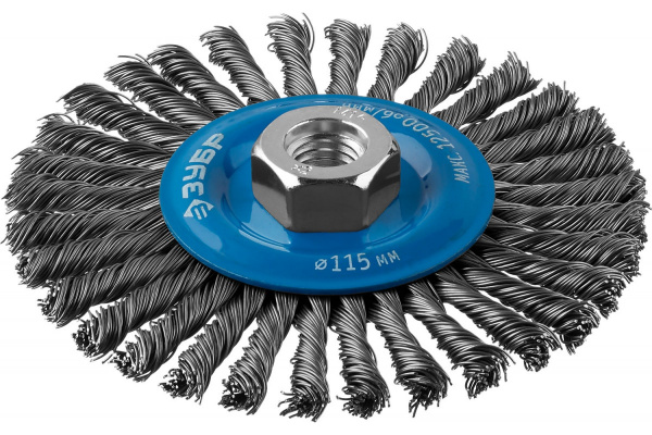 Щетка дисковая ПРОФЕССИОНАЛ (0.5 мм; 115 мм; М14; плетеные пучки стальной проволоки) для УШМ Зубр 35192-115_z02