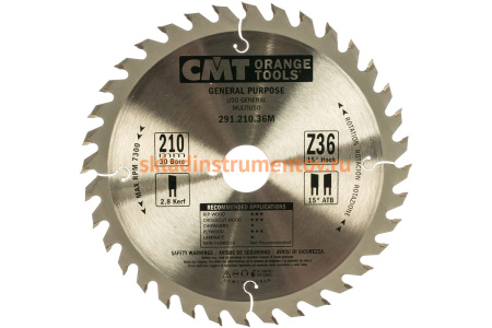 Диск пильный по дереву (210х30х1,8/2,8 мм; Z36) CMT 291.210.36M Диск пильный по дереву (210х30х1,8/2,8 мм; Z36) CMT 291.210.36M