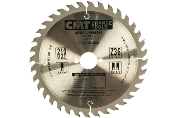 Диск пильный по дереву (210х30х1,8/2,8 мм; Z36) CMT 291.210.36M