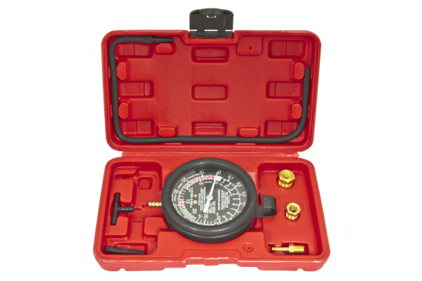 Тестер давления топлива и вакуума в наборе с резьбовыми адаптерами 9 предметов, в кейсе ЭВРИКА ER-86307