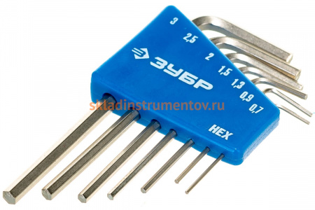 Набор ключей имбусовых Зубр "Эксперт" Мини для точных работ Cr-V HEX 0,7 0,9 1,3 1,5 2 2,5 3 мм 7 шт. 27471-H7