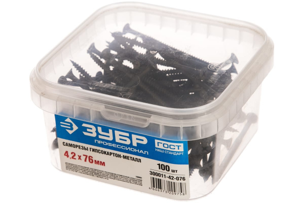 Саморезы ЗУБР СГМ гипсокартон-металл, 76 х 4.2 мм, 100 шт, фосфатированные, 300011-42-076