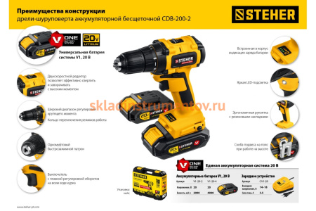 Бесщеточная дрель-шуруповерт STEHER CDB-200-2