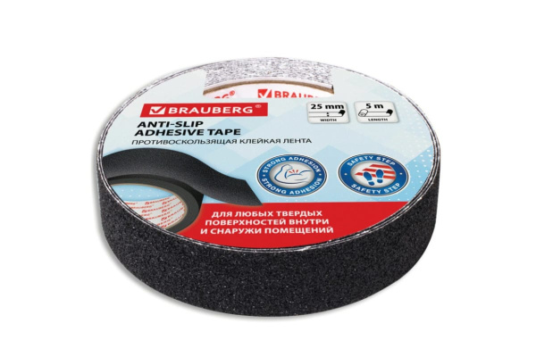 Клейкая противоскользящая лента BRAUBERG 25 мм х 5 м, черная, зернистая, основа ПВХ 606772