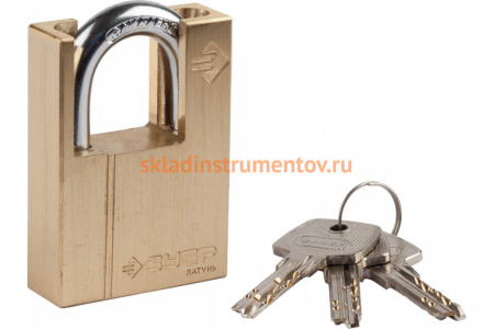 Навесной замок ЗУБР "ЭКСПЕРТ", латунный корпус, закаленная дужка, с дополнительной защитой, 50 мм 37297-50