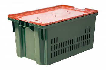 Ящик п/э 600х400х300 дно сплошное, стенки перфорированные, зеленый с оранжевой крышкой Тара.ру 18716