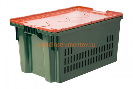 Ящик п/э 600х400х300 дно сплошное, стенки перфорированные, зеленый с оранжевой крышкой Тара.ру 18716
