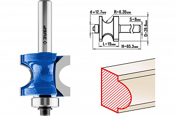 Фреза полустержневая с подшипником ПРОФЕССИОНАЛ (28.6х19х65.3 мм; R6.35 мм; хвостовик 8 мм) Зубр 28722-28.6