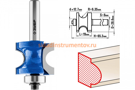 Фреза полустержневая с подшипником ПРОФЕССИОНАЛ (28.6х19х65.3 мм; R6.35 мм; хвостовик 8 мм) Зубр 28722-28.6