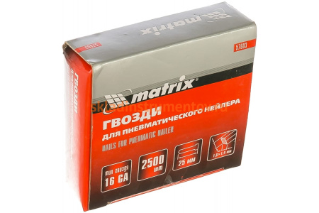 Гвозди для пневматического нейлера (16GA, сечение 1,6х1,4, длина 25 мм, 2500 шт.) MATRIX 57603