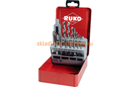 Набор машинно-ручных метчиков HSS M3-M12+вороток+сверла, 15шт RUKO 245004