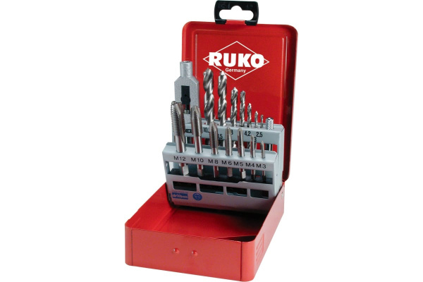 Набор машинно-ручных метчиков HSS M3-M12+вороток+сверла, 15шт RUKO 245004