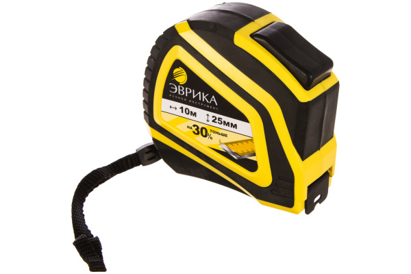 Рулетка ЭВРИКА 10м 25мм YELLOW обрезиненный корпус с одним фиксатором ER-72125