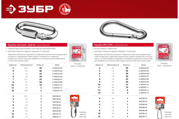 Винтовой карабин с муфтой ЗУБР 12 мм, 1 шт 304536-12 Винтовой карабин с муфтой ЗУБР 12 мм, 1 шт 304536-12