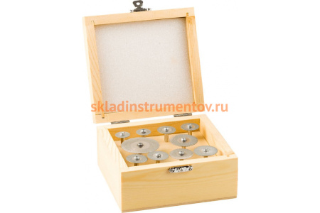 Набор мини-кругов Зубр с алмазным напылением на шпильке в пластиковом боксе диаметр 16-40 P200 хвостовик 3 мм, 10 предметов 33385-H10