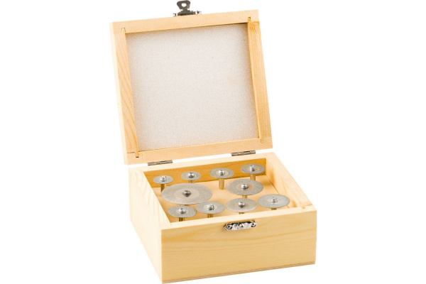 Набор мини-кругов Зубр с алмазным напылением на шпильке в пластиковом боксе диаметр 16-40 P200 хвостовик 3 мм, 10 предметов 33385-H10