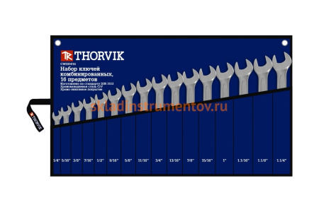 Набор ключей гаечных комбинированных дюймовых Thorvik CWIS0016 1/4"-1-1/4" 16 предметов в сумке 52917