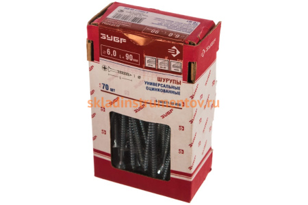 Универсальные шурупы для дерева, ДСП, ДВП Зубр оцинкованные, PZ, 6,0x90мм, ТФ1, 70 штук 4-300371-60-090