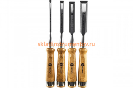 Набор плоских стамесок: 6, 12, 18, 24мм, длина 140мм, CR-V, деревянные рукоятки, 4шт КОБАЛЬТ 245-879