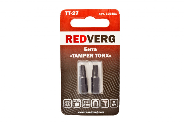 Бита Torx Tamper ТТ27, 25 мм, 2 шт. REDVERG 6623499