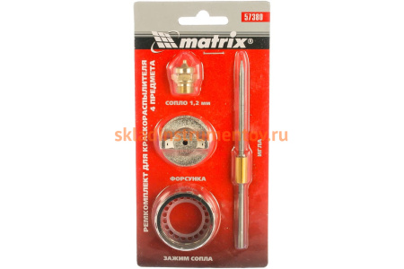 Ремкомплект 4 предмета (сопло 1.2 мм; игла; форсунка; зажим сопла) для краскораспылителя MATRIX 57380