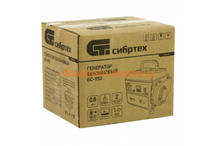 Бензиновый генератор СИБРТЕХ БС-950 0,8 кВт 230 В, 2-х такт, 4 л, ручной стартер 94665