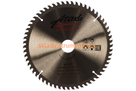 Диск пильный по дереву (210х30 мм; 60T; б/рез тон.) АТАКА 8078780