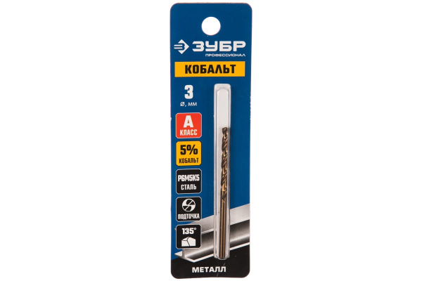 Сверло по металлу КОБАЛЬТ Профессионал (3х33х61 мм; Р6М5К5; класс А) ЗУБР 29626-3