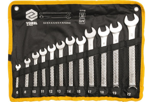 Набор комбинированных ключей VOREL 6-22мм, сатинирование, CrV, 12шт 51710