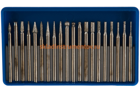 Набор мини-насадок Зубр с алмазным напылением в пластиковом боксе P 180 хвостовик диаметр 3 мм 20 предметов 33383-H20