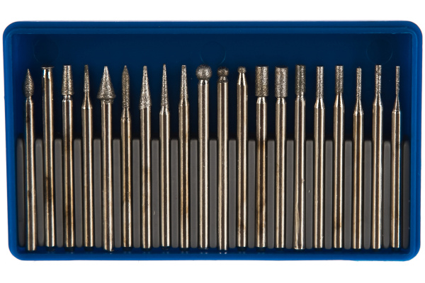 Набор мини-насадок Зубр с алмазным напылением в пластиковом боксе P 180 хвостовик диаметр 3 мм 20 предметов 33383-H20