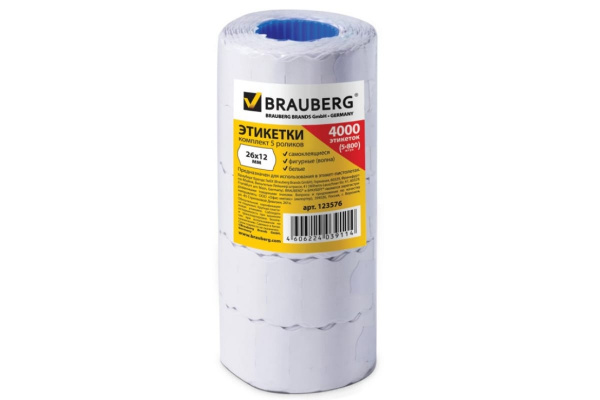 Этикет-лента BRAUBERG 26х12 мм, белая, комплект 5 рулонов по 800 шт., 123576