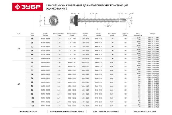 Саморез оцинкованный 2500 шт (19х5.5 мм) для крепления кровельных материалов к металлическим конструкциям ЗУБР 4-300310-55-019