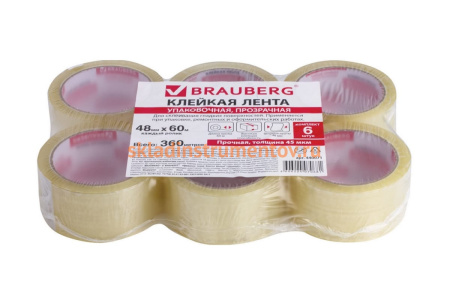 Клейкие ленты BRAUBERG 48 мм х 60 м, упаковочные, комплект 6 шт., прозрачные, 440071
