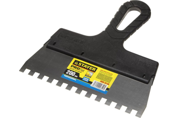 Нержавеющий зубчатый шпатель с пластмассовой ручкой, 200мм, зуб 8х8мм STAYER 1009-20-08