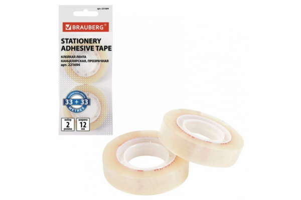 Клейкие ленты BRAUBERG 12 мм х 33 м, канцелярские, комплект 2 шт, прозрачные, гарантированная длина, европодвес 221694