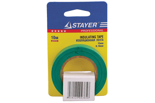 Зеленая изолента ПВХ 15мм х 10м х 0,18мм STAYER 12292-G-15-10