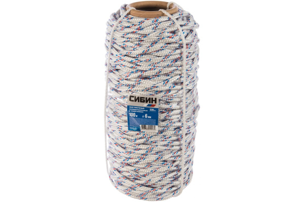Плетёный полипропиленовый 16-прядный фал с полипропиленовым сердечником, диаметр 6мм, бухта 100м, 320кгс СИБИН 50215-06 Плетёный полипропиленовый 16-прядный фал с полипропиленовым сердечником, диаметр 6мм, бухта 100м, 320кгс СИБИН 50215-06