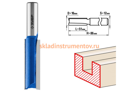 Фреза пазовая прямая удлиненная ПРОФЕССИОНАЛ (16х51х86 мм; хвостовик 12 мм) Зубр 28754-16-51