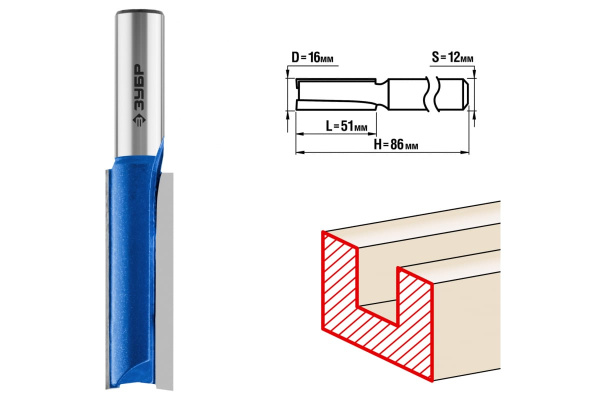Фреза пазовая прямая удлиненная ПРОФЕССИОНАЛ (16х51х86 мм; хвостовик 12 мм) Зубр 28754-16-51