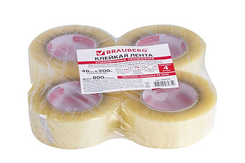 Клейкие ленты BRAUBERG 48 мм х 200 м, упаковочные, комплект 4 шт., прозрачные, 440078