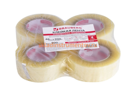 Клейкие ленты BRAUBERG 48 мм х 200 м, упаковочные, комплект 4 шт., прозрачные, 440078