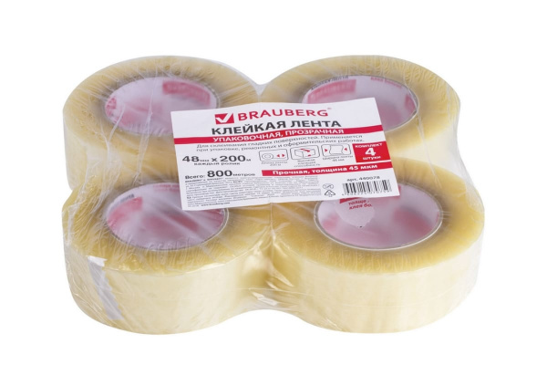Клейкие ленты BRAUBERG 48 мм х 200 м, упаковочные, комплект 4 шт., прозрачные, 440078