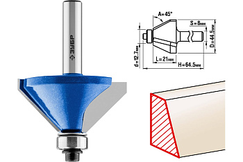 Фреза кромочная калевочная фасочная №9 ПРОФЕССИОНАЛ (44.5х21х64.5 мм; угол 45 град; хвостовик 8 мм) Зубр 28711-44.5