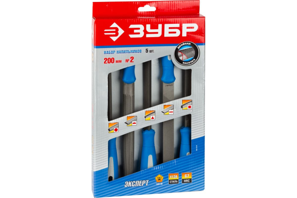 Набор напильников с двухкомпонентной ручкой: плоский, полукруглый, трехгранный, квадратный, круглый, №2, 250мм ЗУБР ЭКСПЕРТ 16651-25-H5